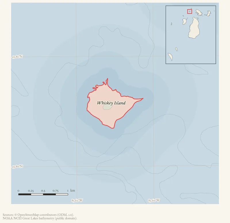 Locator map: Whiskey Island highlighted within the Beaver Island archipelago