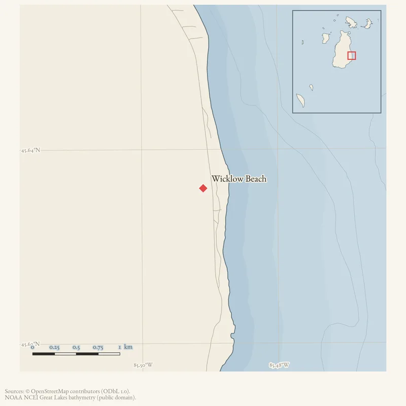 Locator map: Wicklow Beach highlighted within the Beaver Island archipelago
