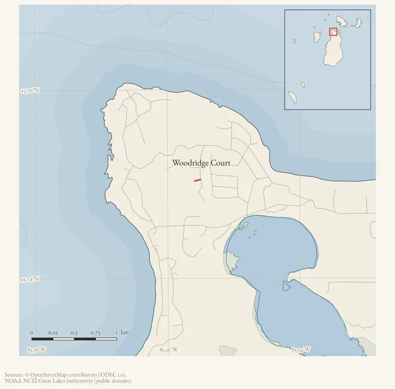 Locator map: Woodridge Court highlighted within the Beaver Island archipelago
