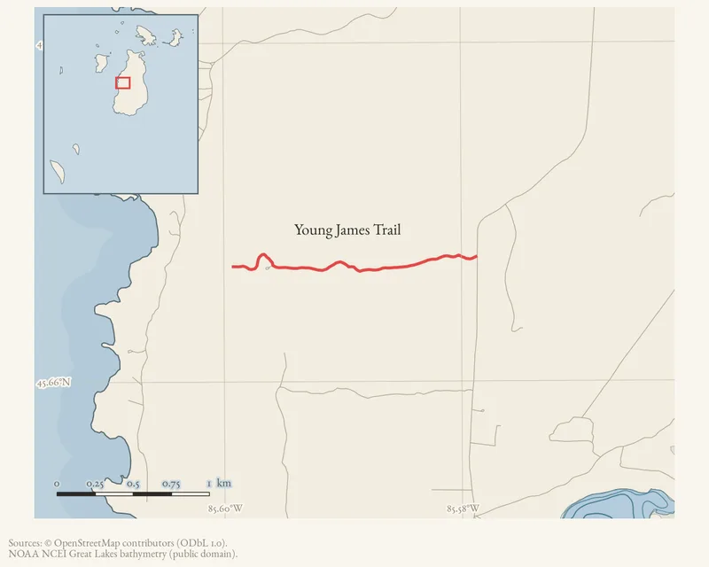 Locator map: Young James Trail highlighted within the Beaver Island archipelago