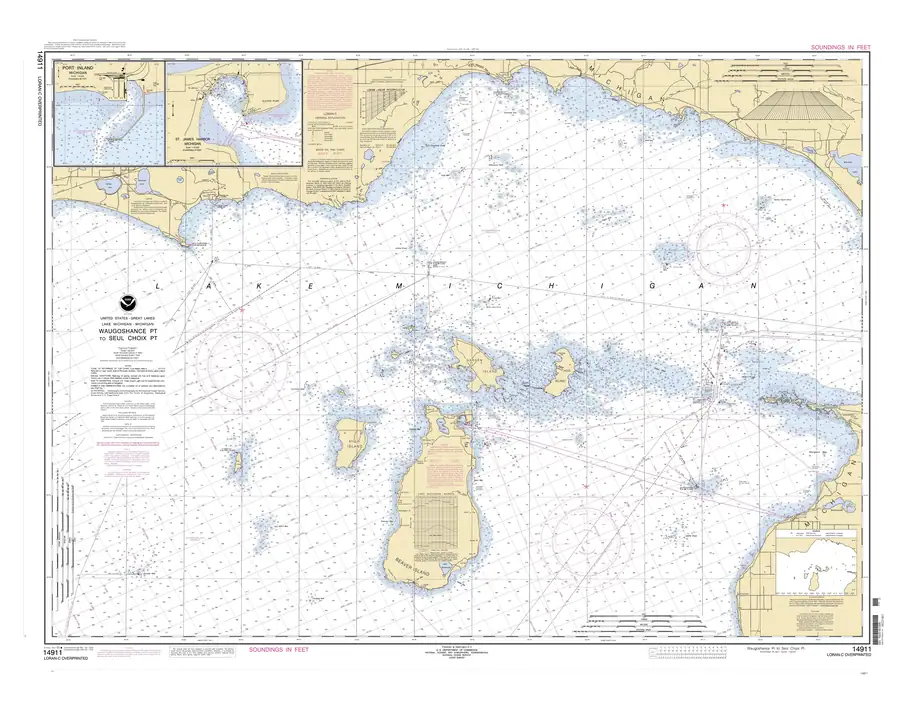 Nautical chart showing a broad waterway, surrounding shoreline, islands, soundings, and harbor insets.