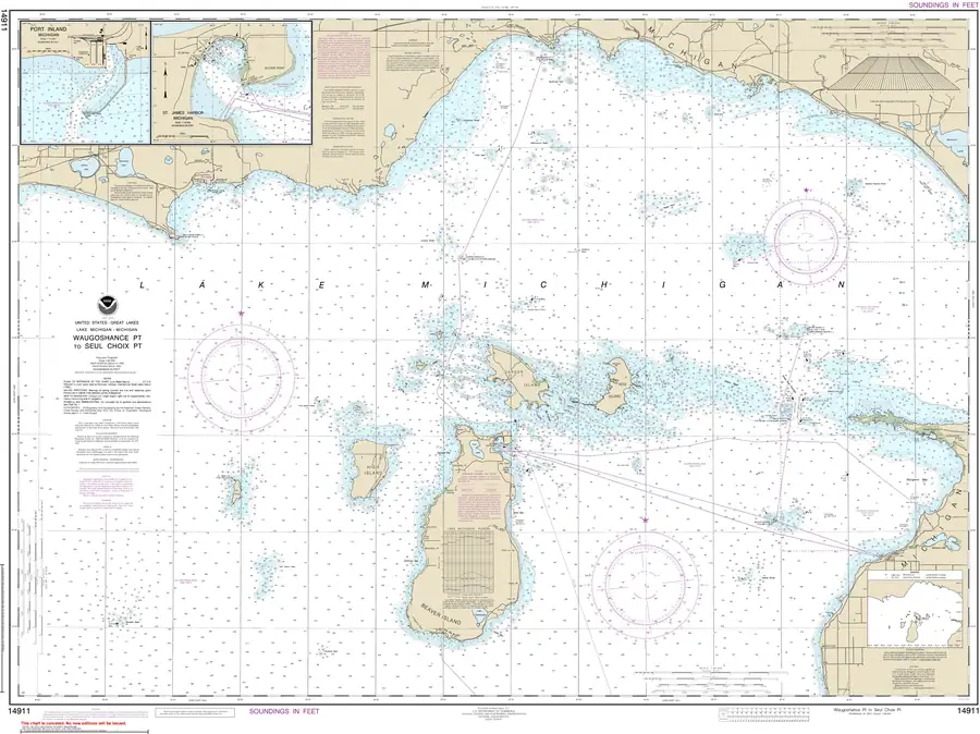 Nautical chart showing coastlines, depth soundings, navigation aids, and harbor insets.