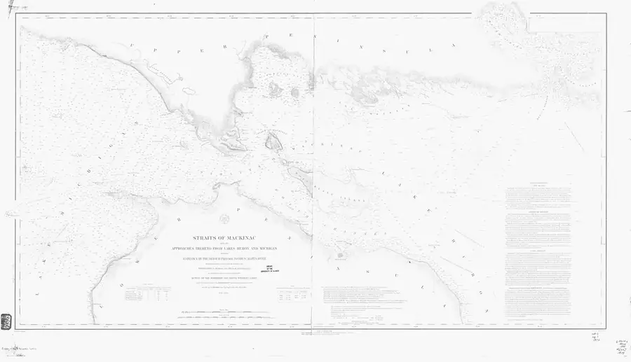 Historical chart: Straits Of Mackinac With The Approaches Thereto From Lakes Huron And Michigan Entrance By The Detour Passage To The St Marys River, held by NOAA Office of Coast Survey, 1874.