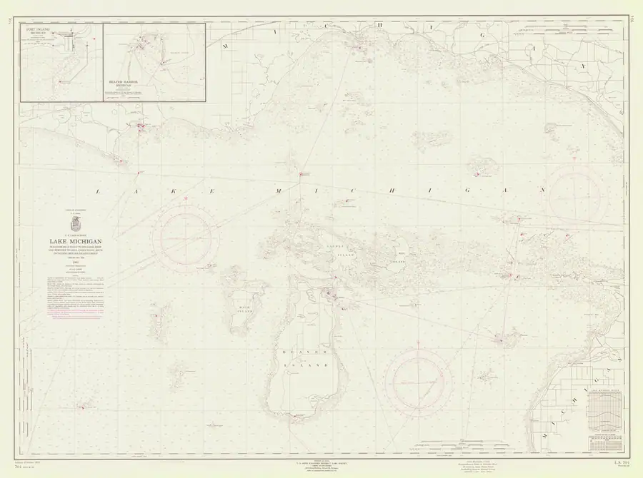 Nautical chart showing coastlines, islands, navigational soundings, and inset harbor plans.