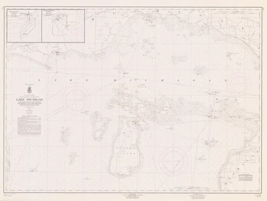 Nautical chart with coastlines, depth soundings, navigation symbols, and inset harbor plans.
