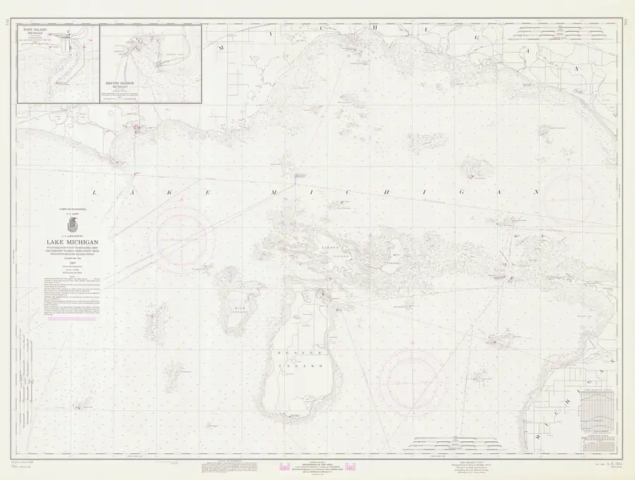 Nautical chart showing coastlines, islands, depth soundings, navigation aids, and harbor insets.