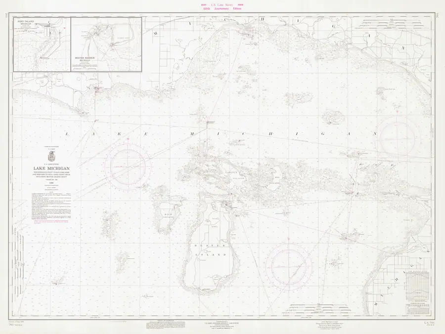 Nautical chart showing coastlines, islands, depth soundings, navigation markers, and inset harbor plans.