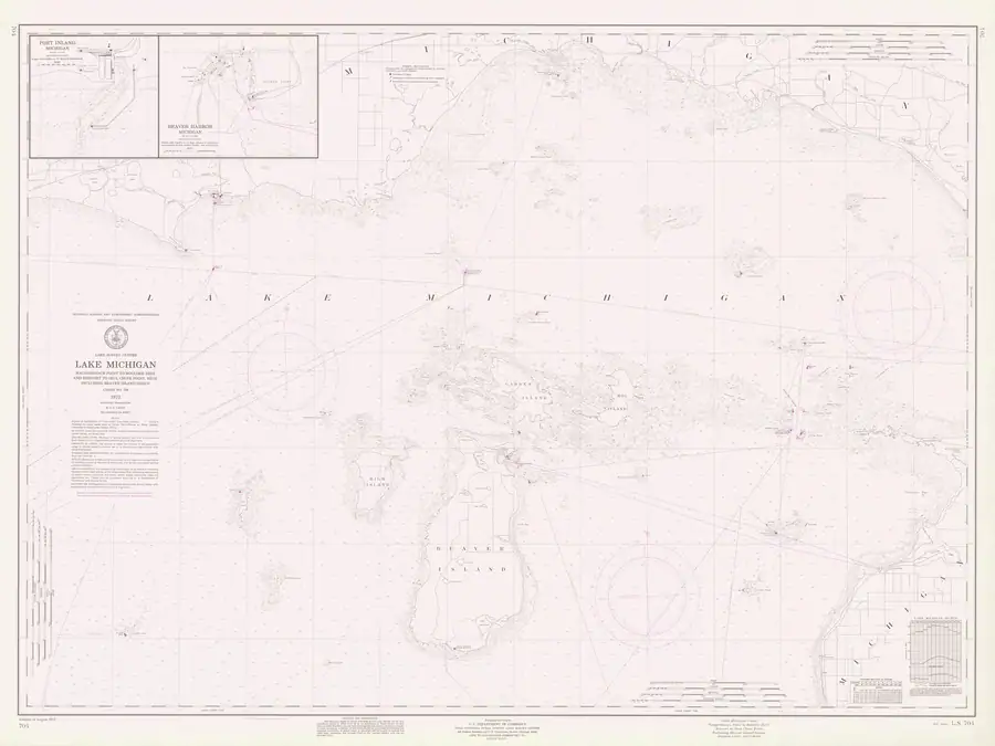 Printed nautical chart showing a broad coastline, navigation markings, depth soundings, and inset harbor plans.