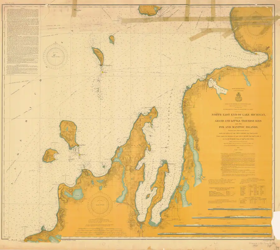 Weathered nautical chart showing shorelines, depth soundings, navigation symbols, and compass roses.