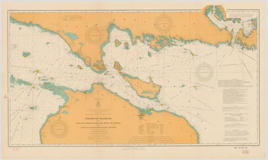 Printed nautical chart showing waterways, shorelines, depth soundings, compass roses, and navigation notes.