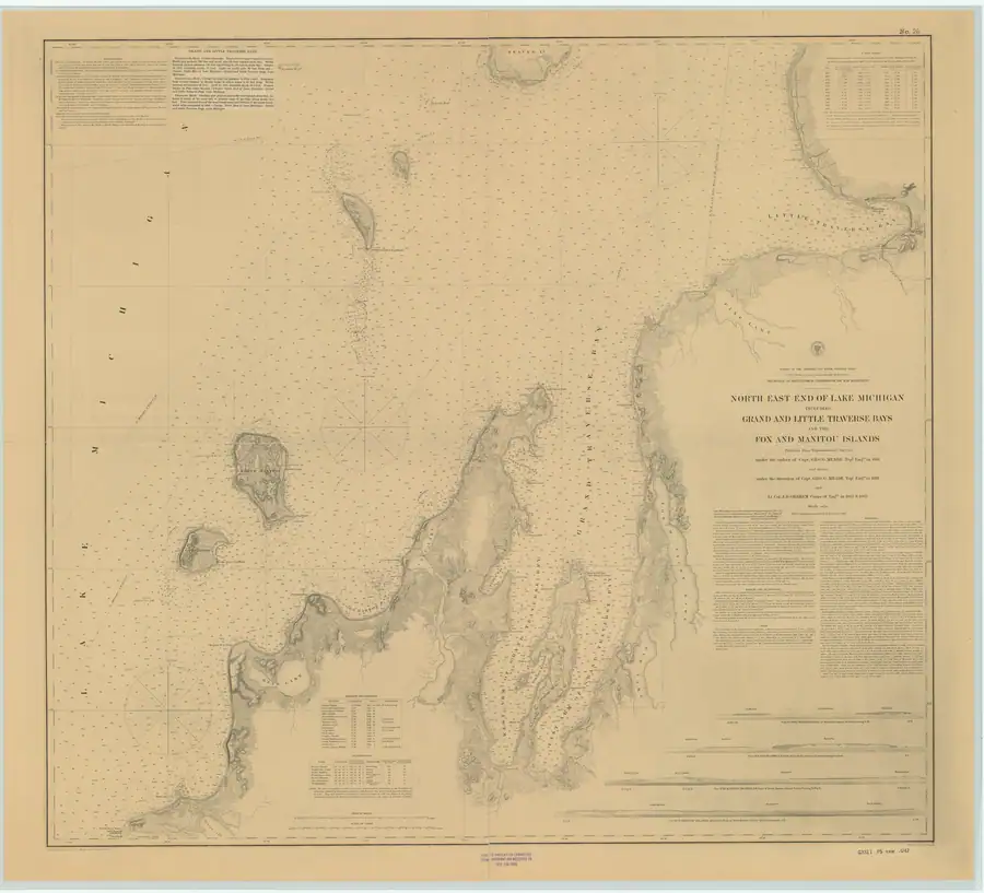 Sepia nautical chart showing coastlines, islands, depth soundings, compass roses, and navigational notes.