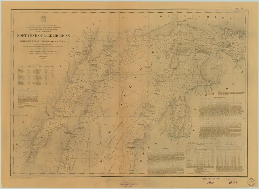 A printed nautical chart showing coastlines, depth soundings, navigation lines, compass roses, notes, and tables.