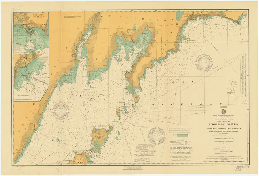 Historical nautical chart showing coastlines, depth soundings, navigation aids, and inset harbor plans.