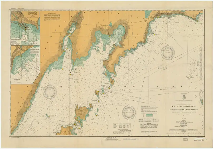 Nautical chart showing coastal waters, depth soundings, navigation lines, compass roses, and inset harbor plans.