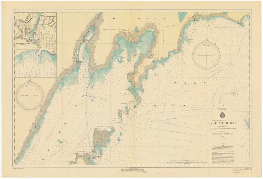 Nautical chart showing shorelines, depth soundings, navigation lines, compass roses, and an inset harbor plan.