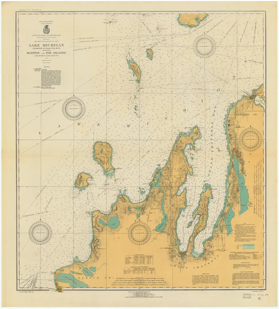 Nautical chart showing coastlines, depth soundings, navigation lines, and compass roses.