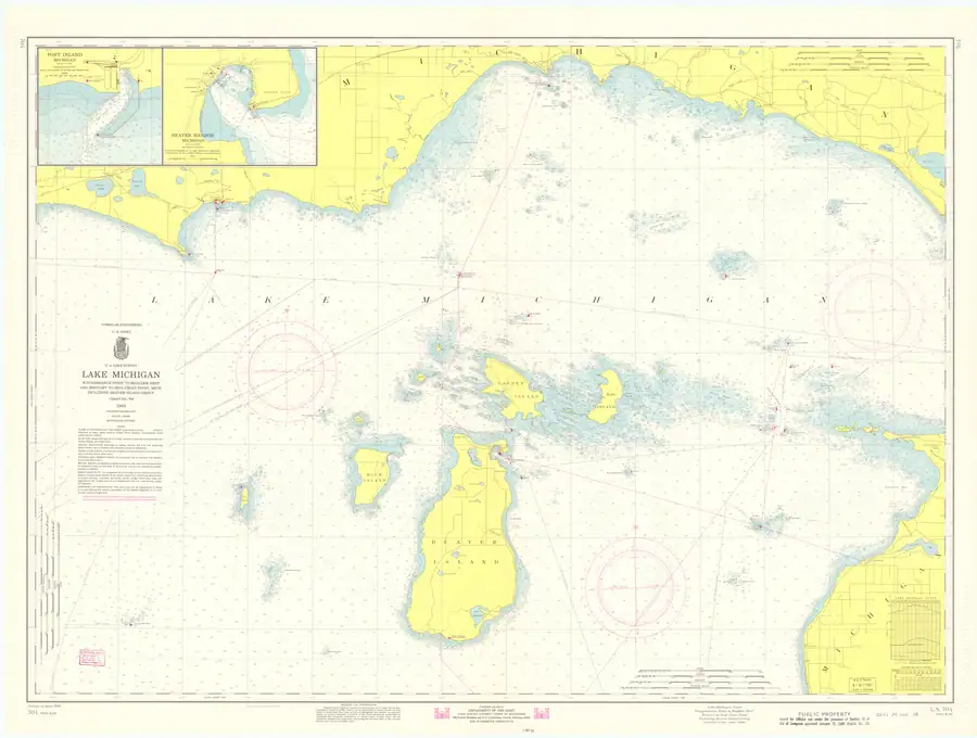 Nautical chart showing coastlines, depth soundings, navigation symbols, and inset harbor plans.