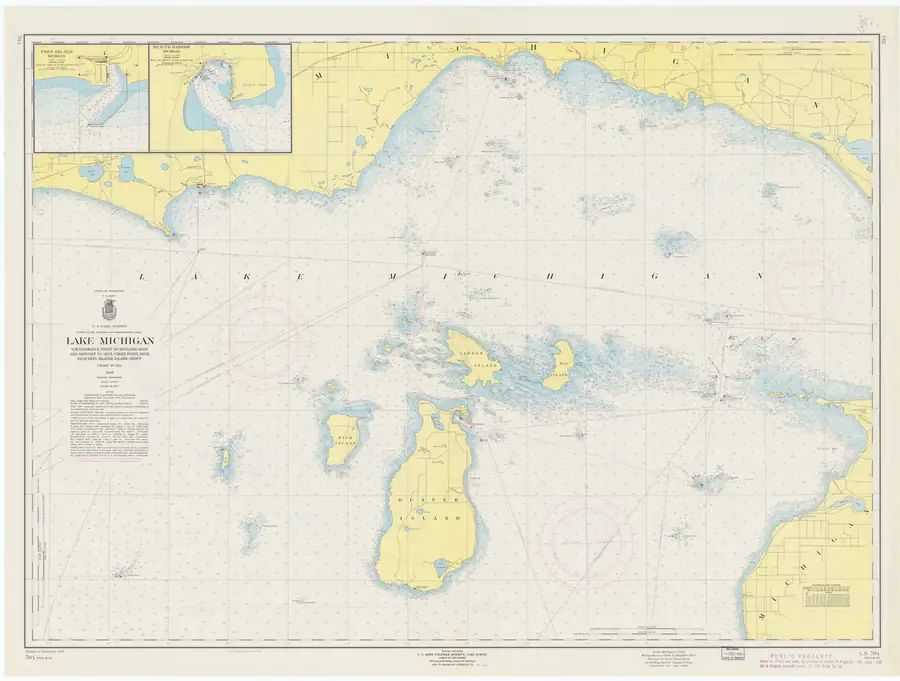Nautical chart showing coastlines, islands, depth soundings, navigation marks, and inset harbor plans.