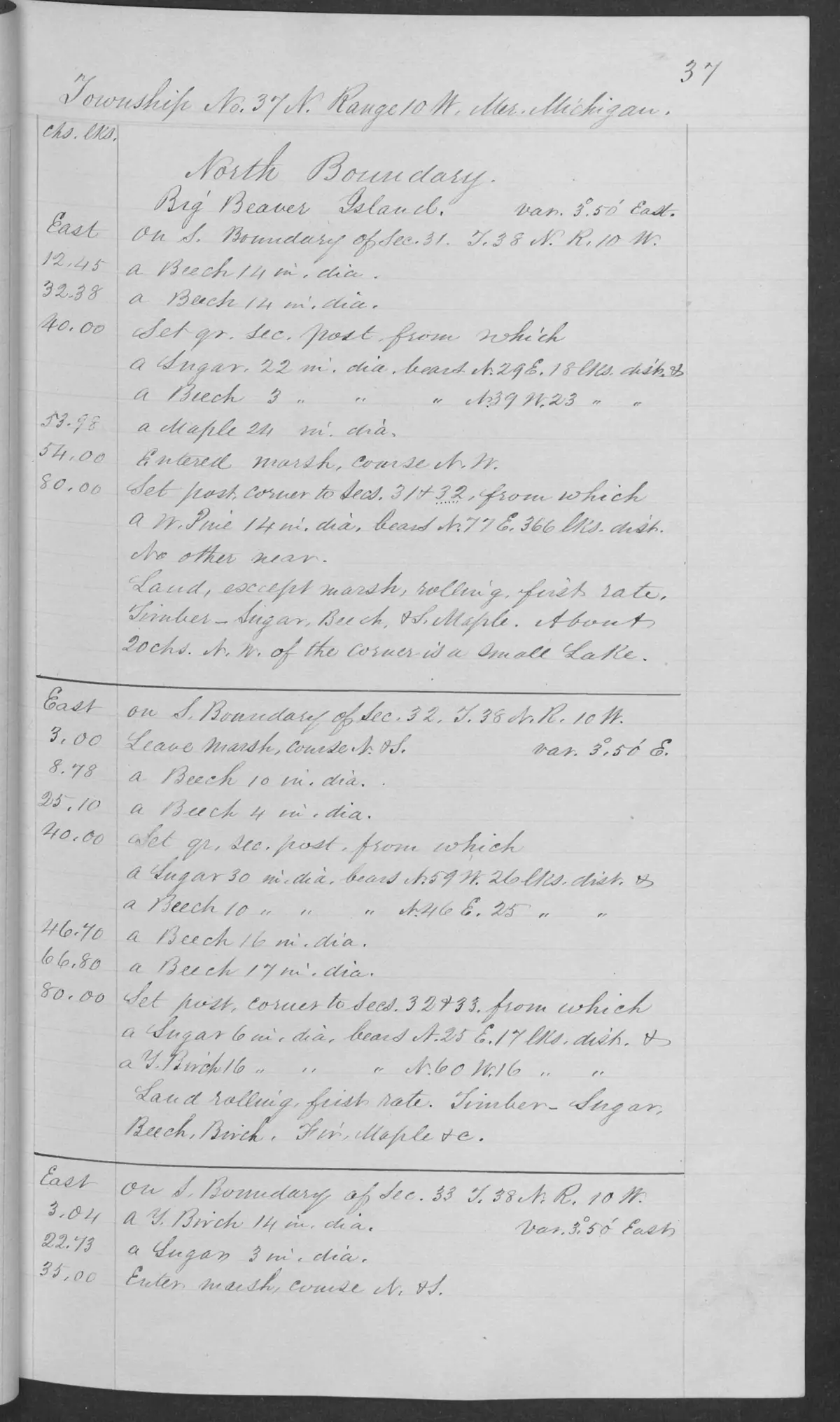 Scanned page: field note volume 168138 page 0037 big beaver island survey, held by Bureau of Land Management, General Land Office Records.