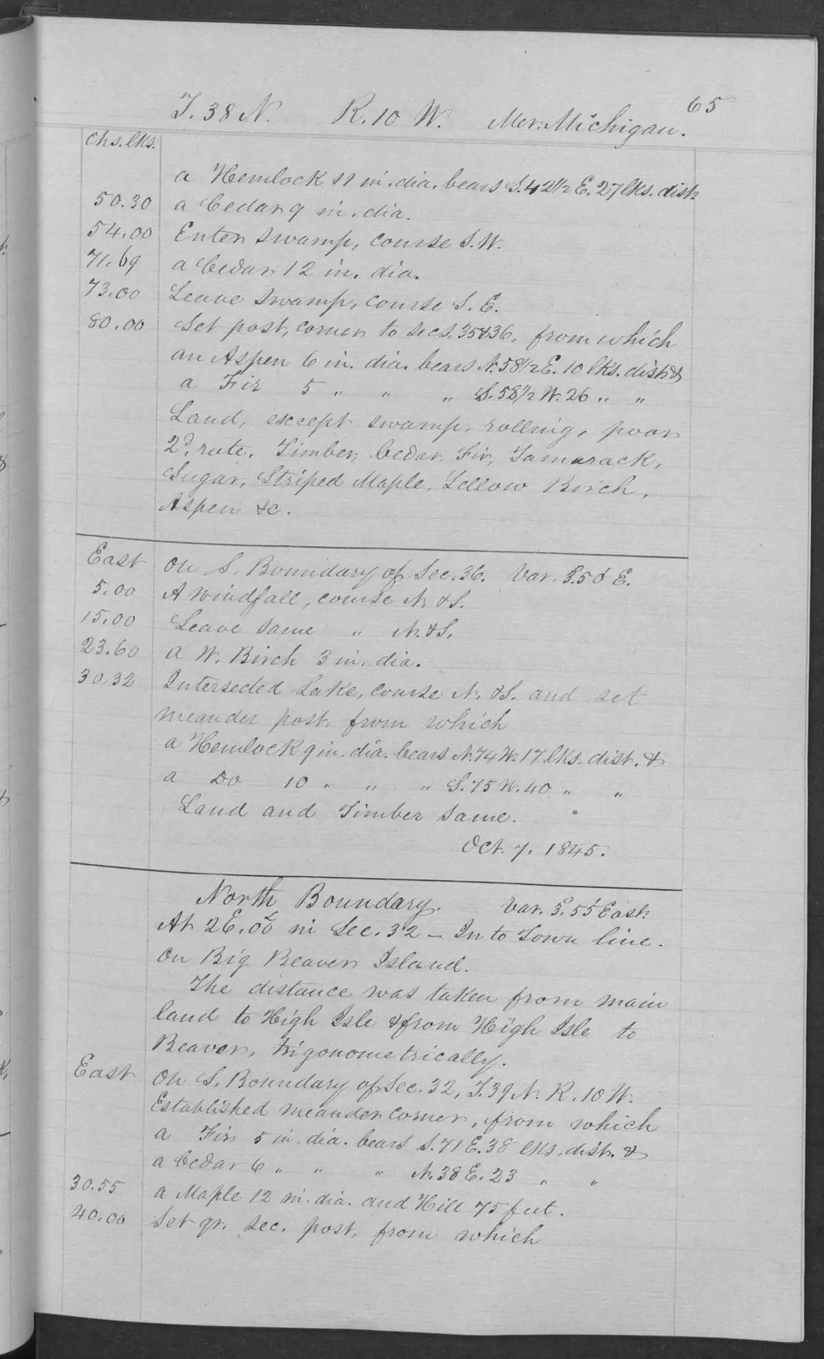 Scanned page: field note volume 168138 page 0065 big beaver 1845, held by Bureau of Land Management, General Land Office Records.