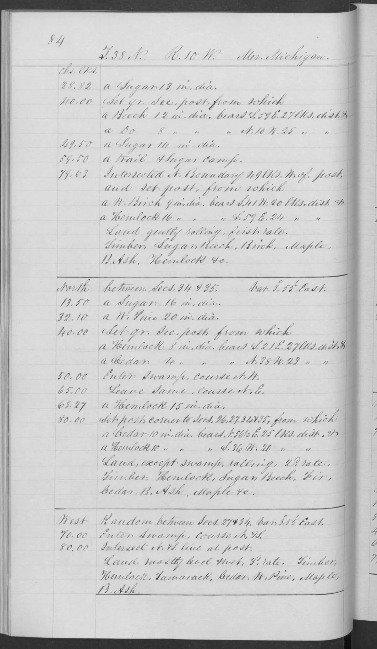 Scanned page: field note volume 168138 page 0084 big beaver island survey, held by Bureau of Land Management, General Land Office Records.