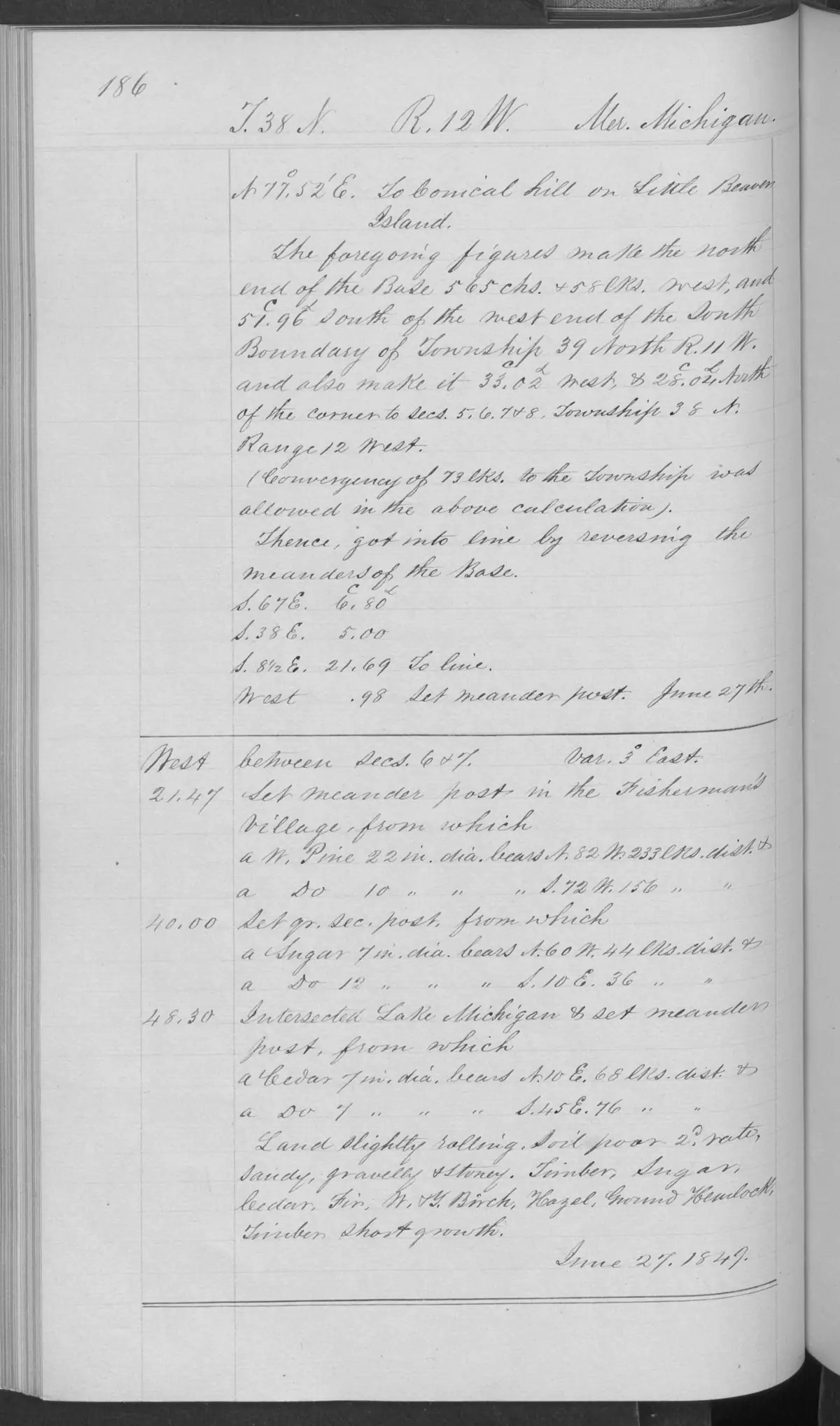 Scanned page: field note volume 168138 page 0186 gull fishermans village, held by Bureau of Land Management, General Land Office Records.