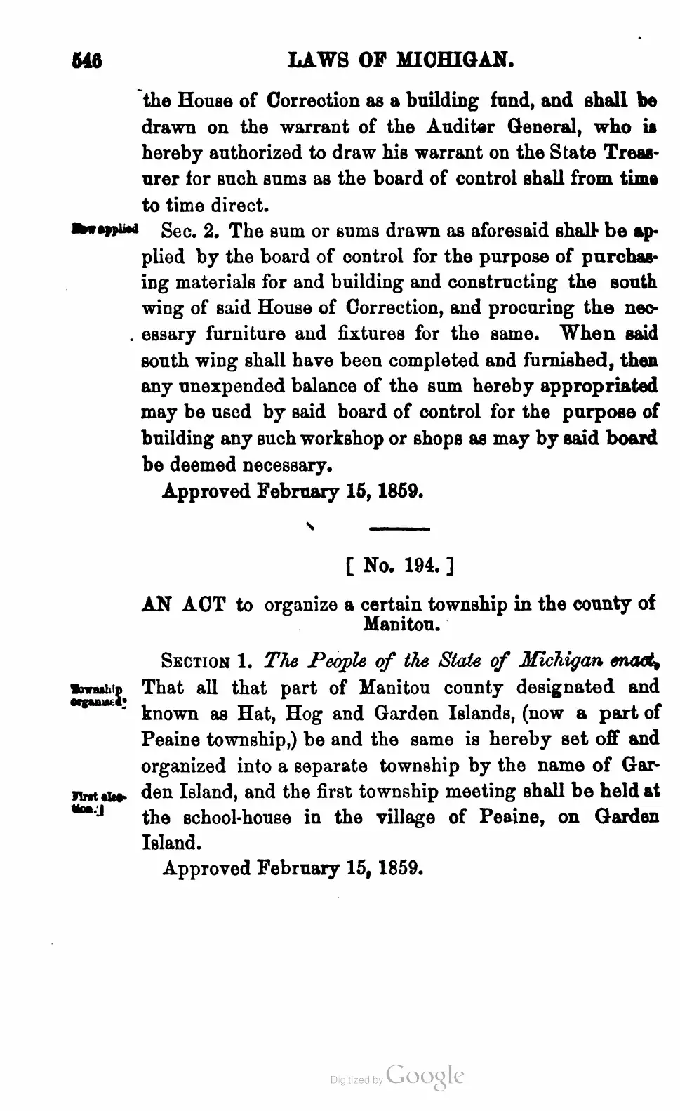 Scanned document page: Michigan Local Act No. 194 organizing Garden Island
