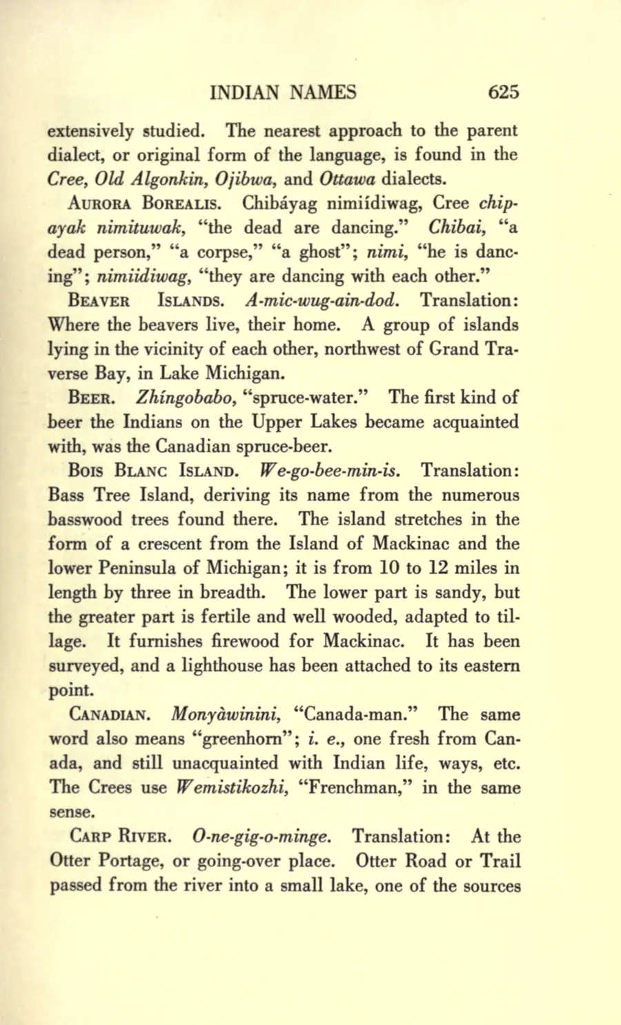 Scanned book page with printed entries on Indigenous names and language terms.