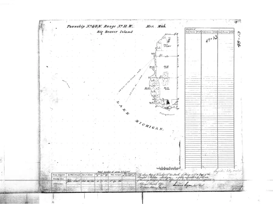 Monochrome survey plat showing a gridded shoreline area, water label, handwritten notes, and tabular records.