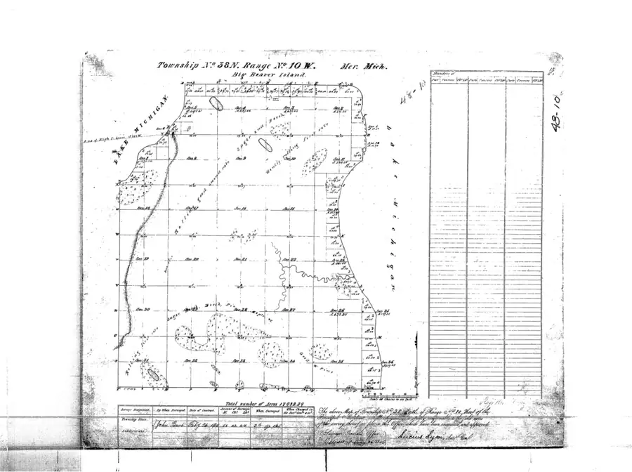 Black-and-white survey plat showing a gridded land parcel map with shorelines, waterways, notes, and a tabular panel.