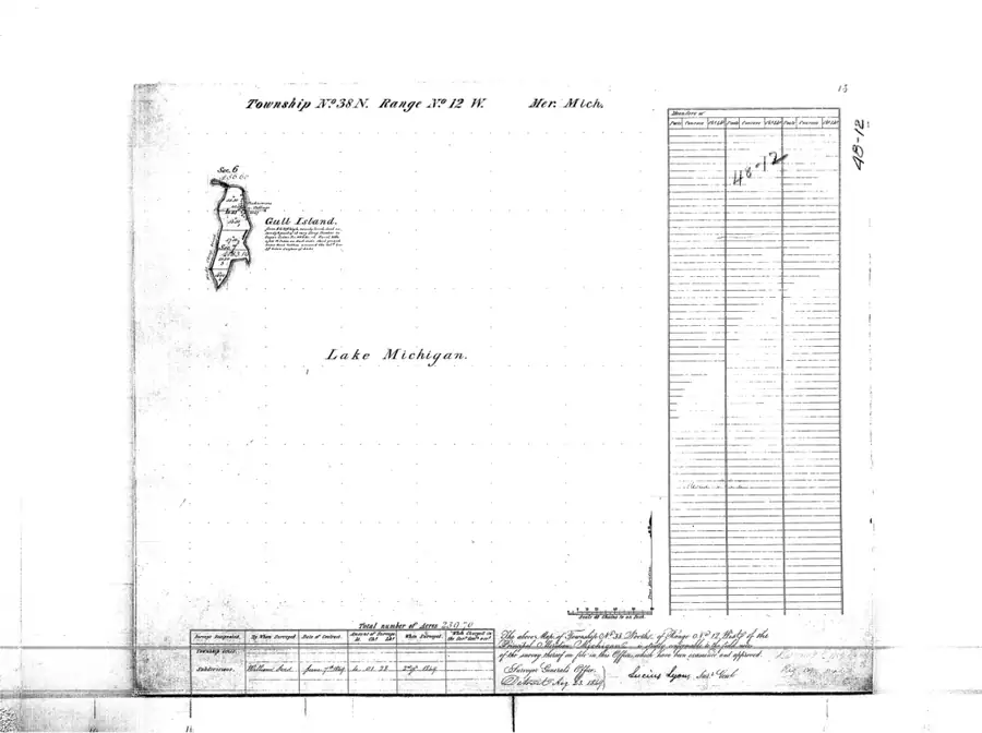 A black-and-white federal survey plat showing an outlined landform, section lines, notes, and tabular survey information.