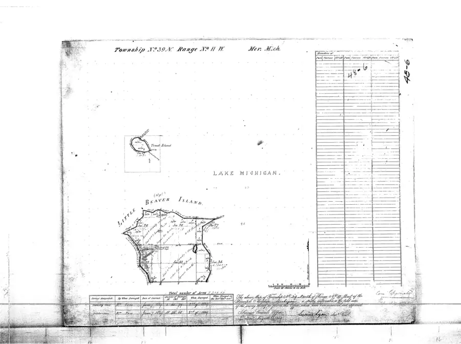 Scanned one-page federal survey plat showing outlined land areas, section lines, tables, and handwritten annotations.