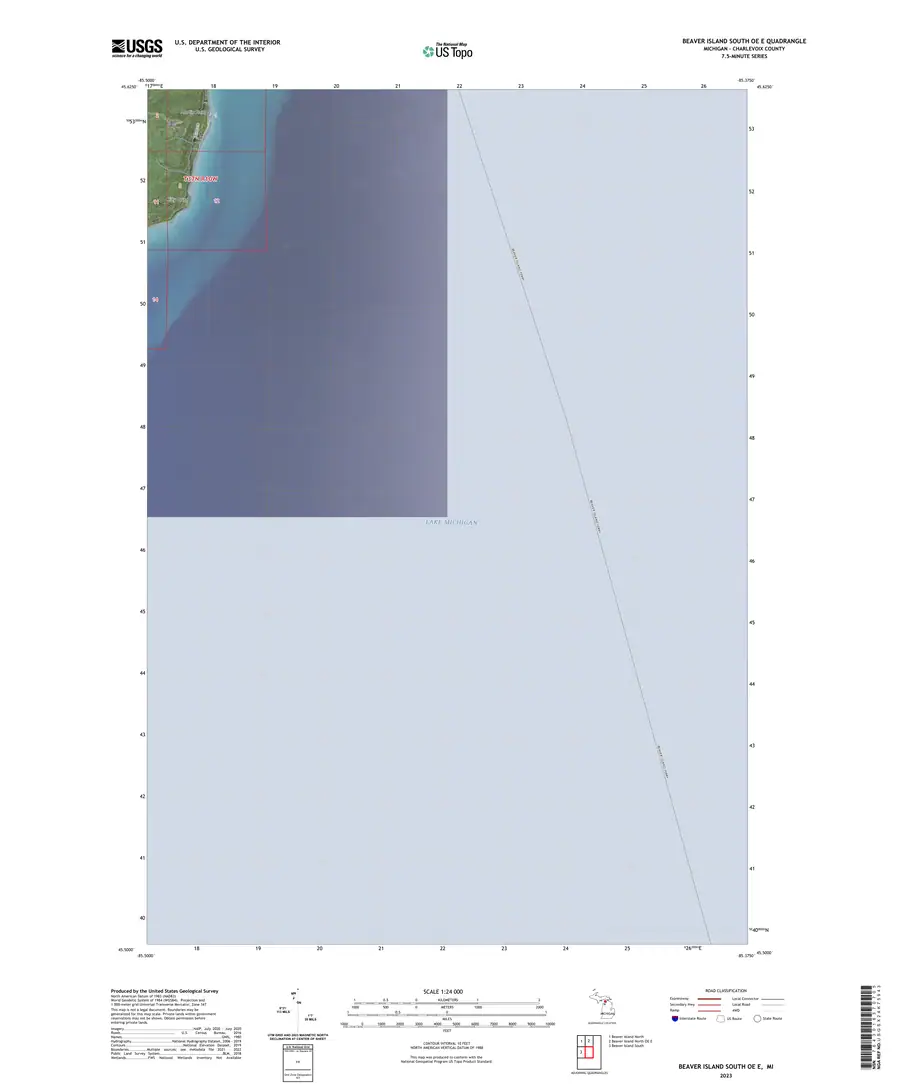 USGS topographic map sheet showing a shoreline, extensive blue water, grid lines, and map marginalia.