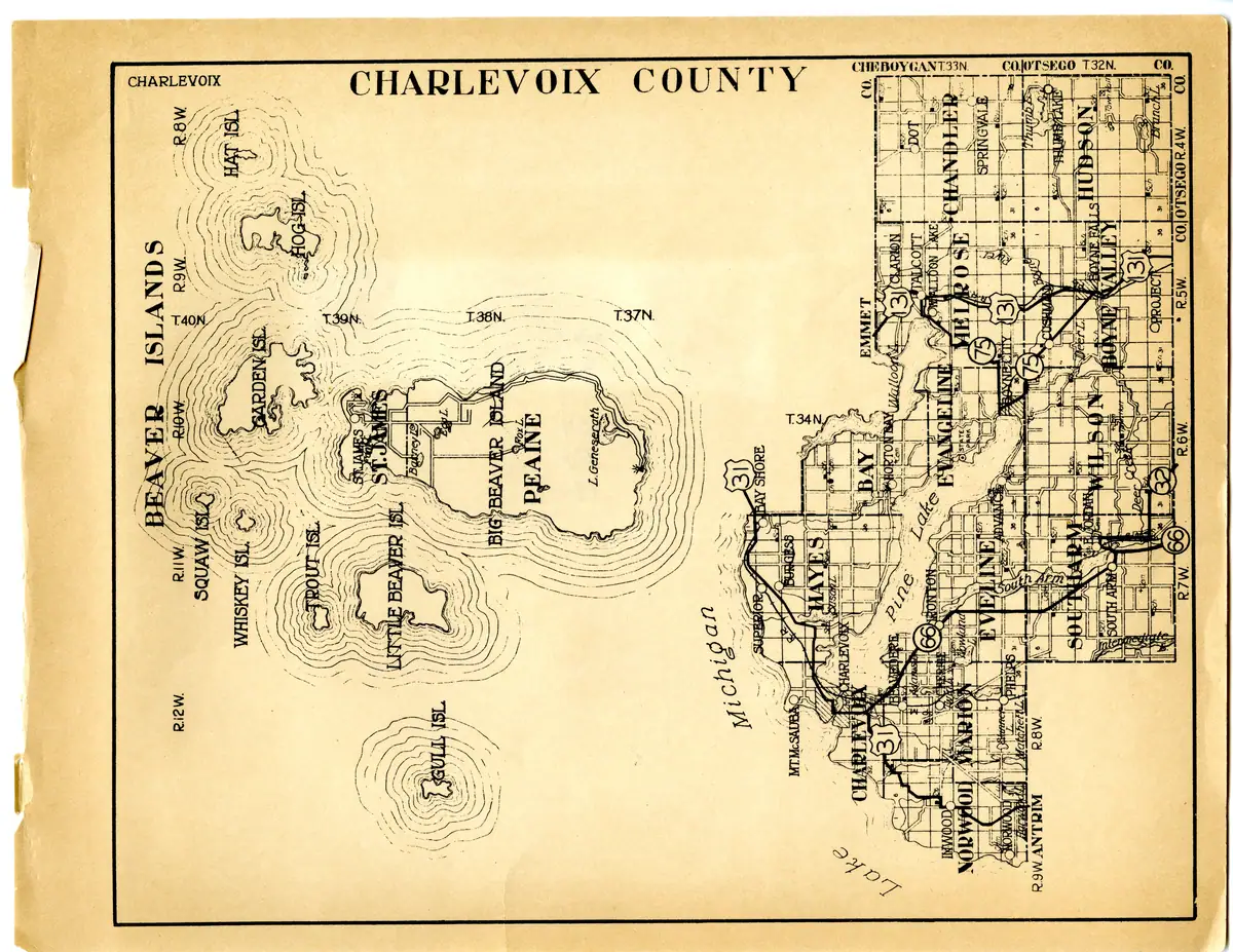 Map: Map of Charlevoix County with the Beaver Islands, 1930s, held by Michigan State University Libraries, Digital Repository.