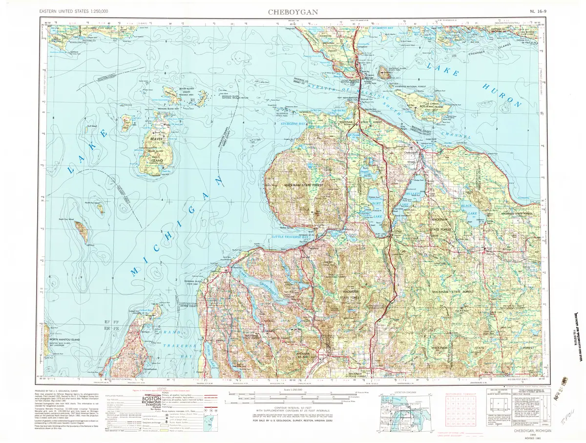 Printed topographic map showing coastlines, waterways, roads, forests, settlements, and contour lines.