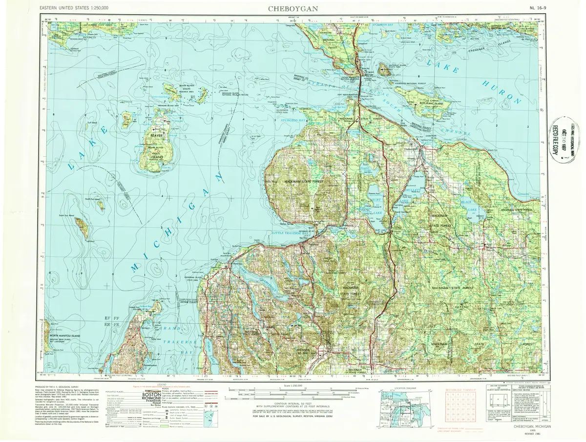 A colored topographic map showing waterways, shorelines, forests, roads, settlements, and contour lines.