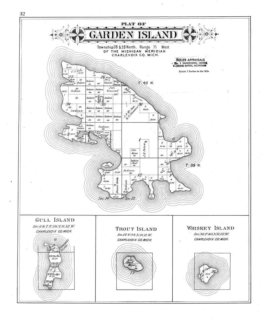 Map: Plat of Garden Island, with Gull, Trout and Whiskey islands (1901), held by University of Michigan, via the Internet Archive.