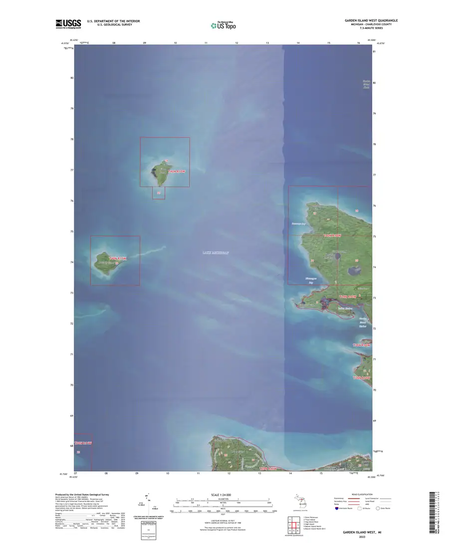 A one-page USGS topographic map showing several land areas, surrounding water, map grids, labels, and marginal information.