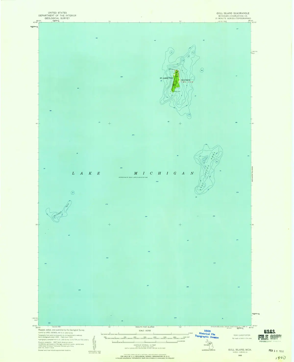 Single-page topographic map showing a large blue water area with several outlined landforms and marginal survey information.