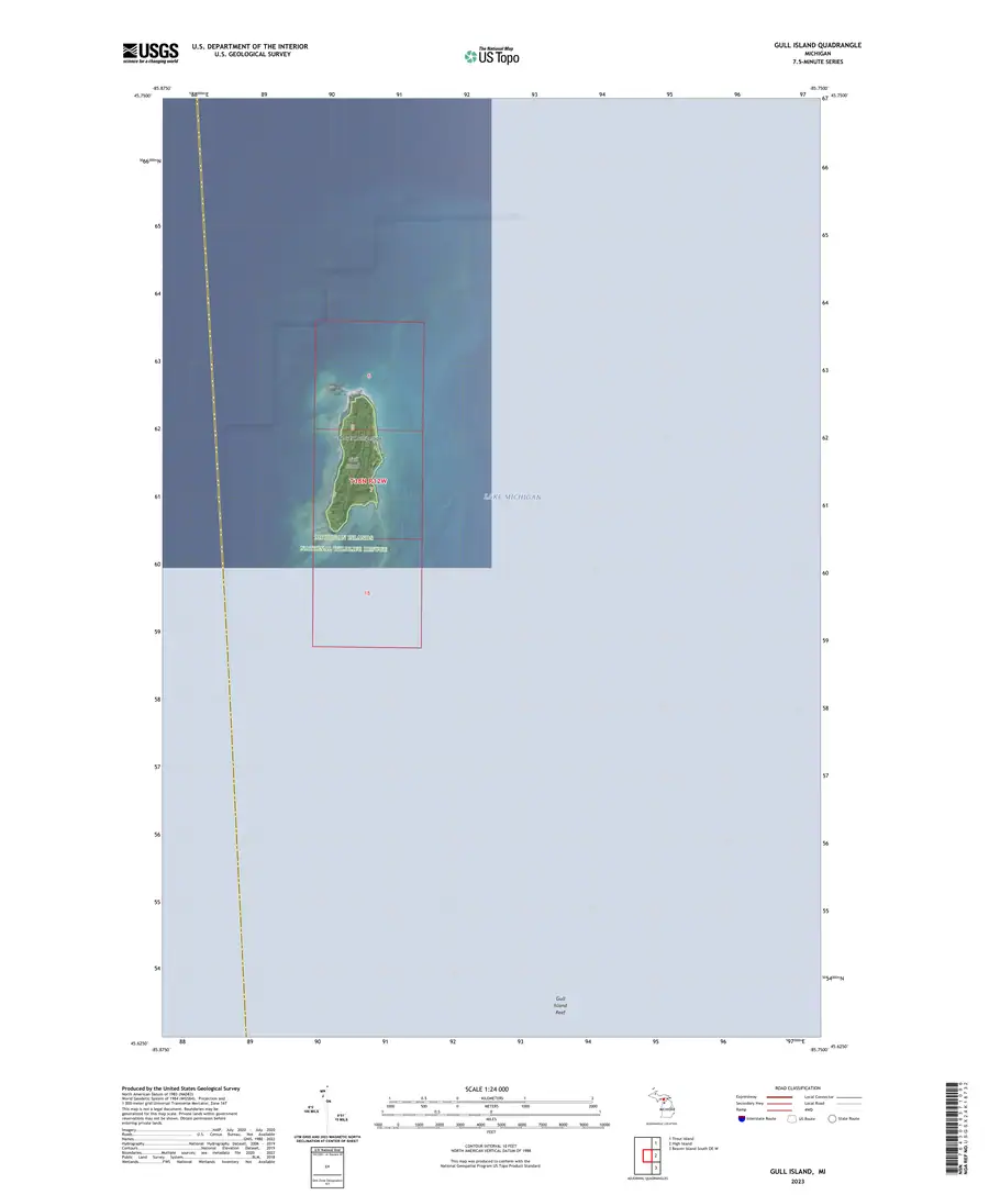 A one-page topographic map shows a small green landform surrounded by blue water and bordered by survey grids.