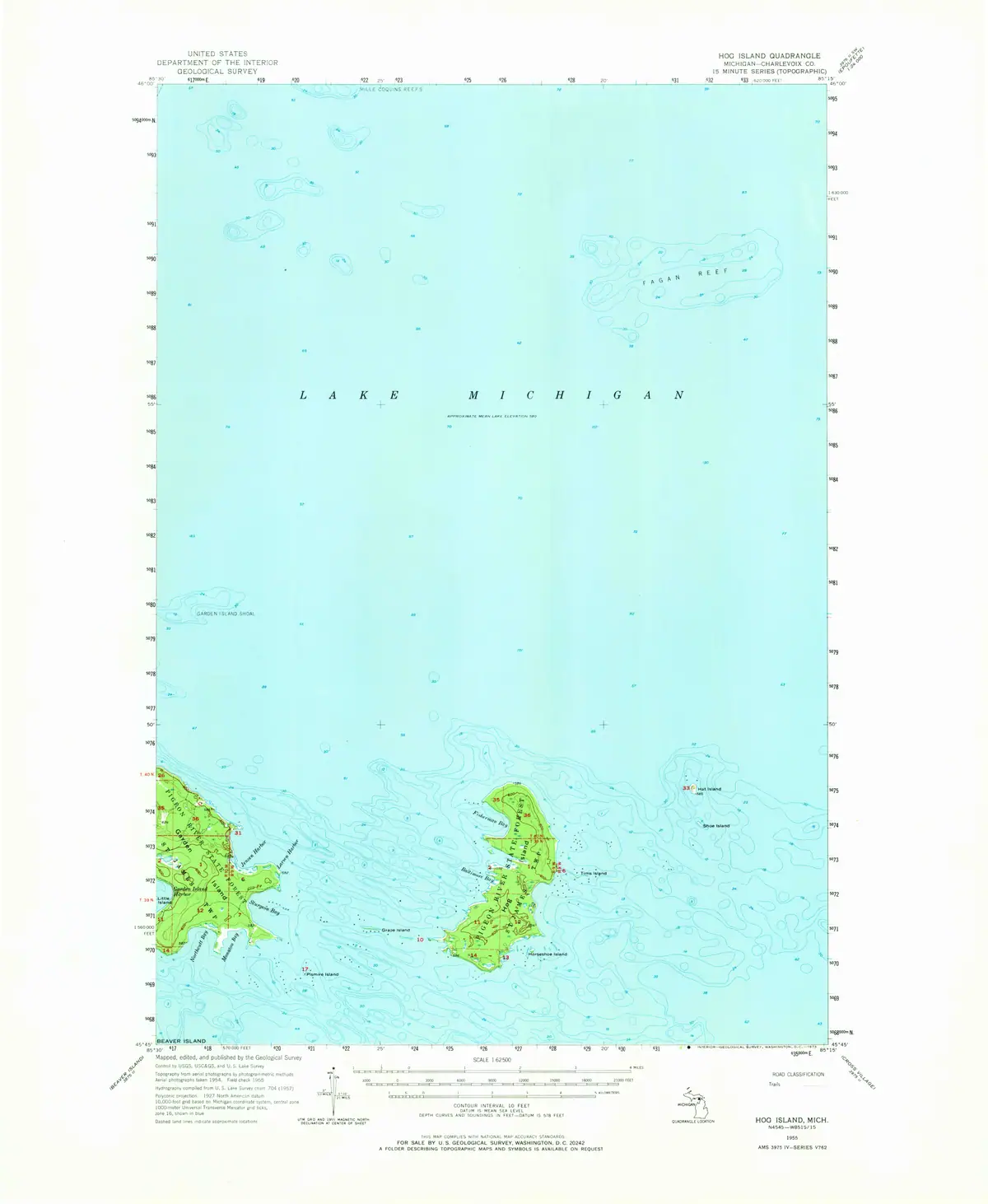 A single-sheet topographic map showing green shorelines, blue water, contour lines, and printed marginal information.