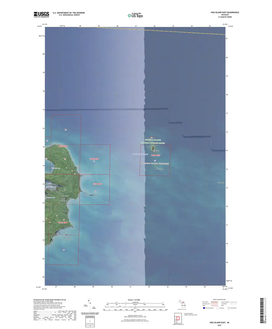Map sheet showing a green shoreline at left, blue water, grid lines, labels, and a scale bar.