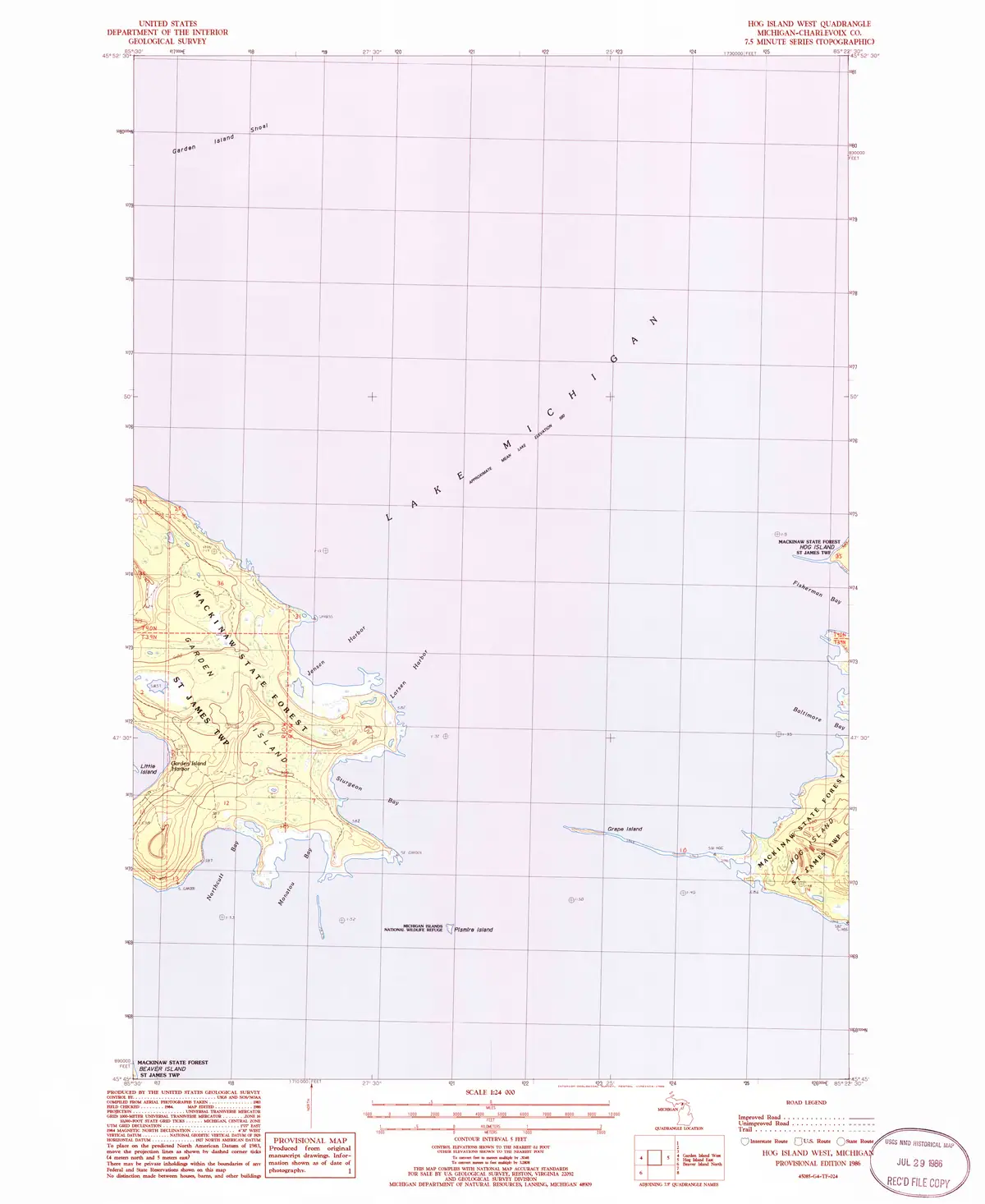 Topographic map showing shorelines, contour lines, waterways, roads, and a coordinate grid.