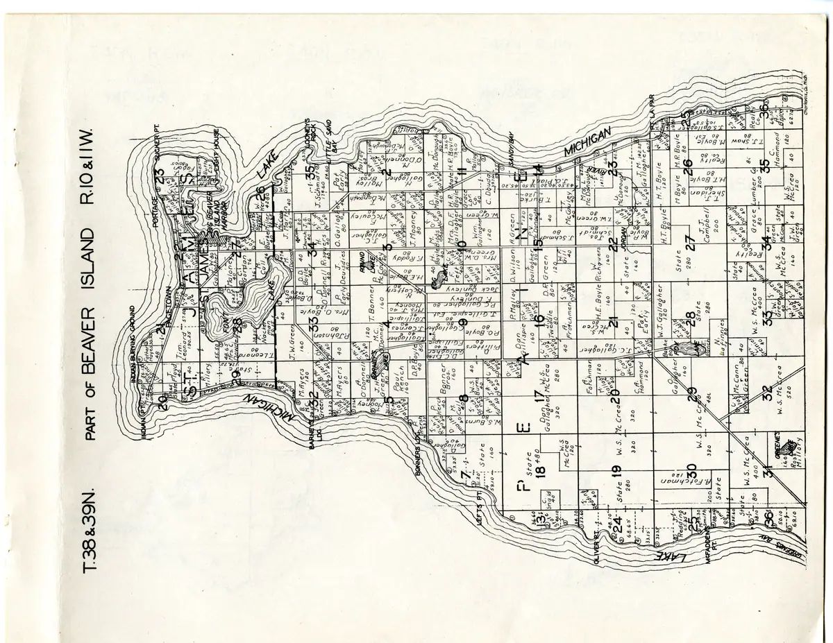 Cadastral plat of the northern two-thirds of Beaver Island in the 1930s,