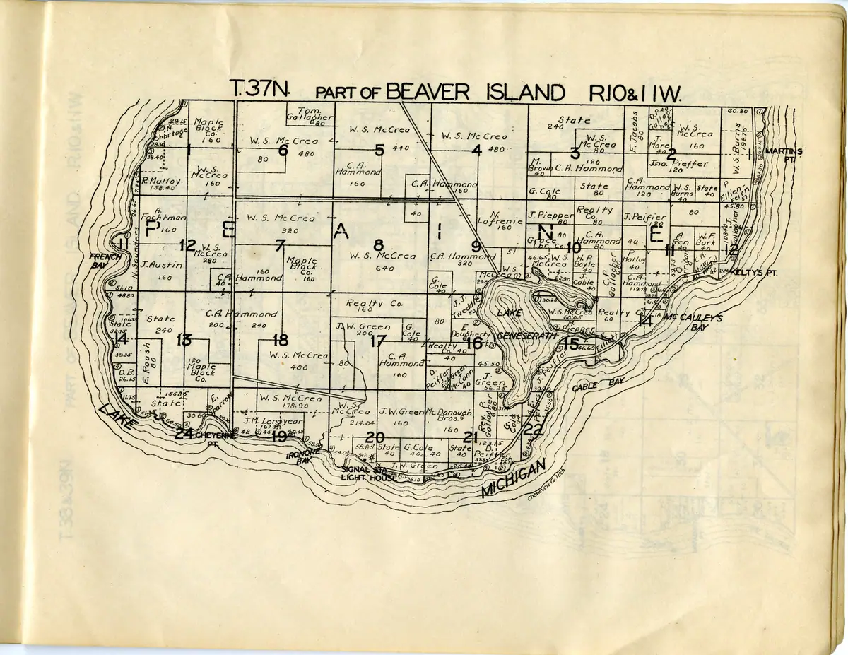 Map: Plat of the south end of Beaver Island, second Hixson printing, held by Michigan State University Libraries, Digital Repository.