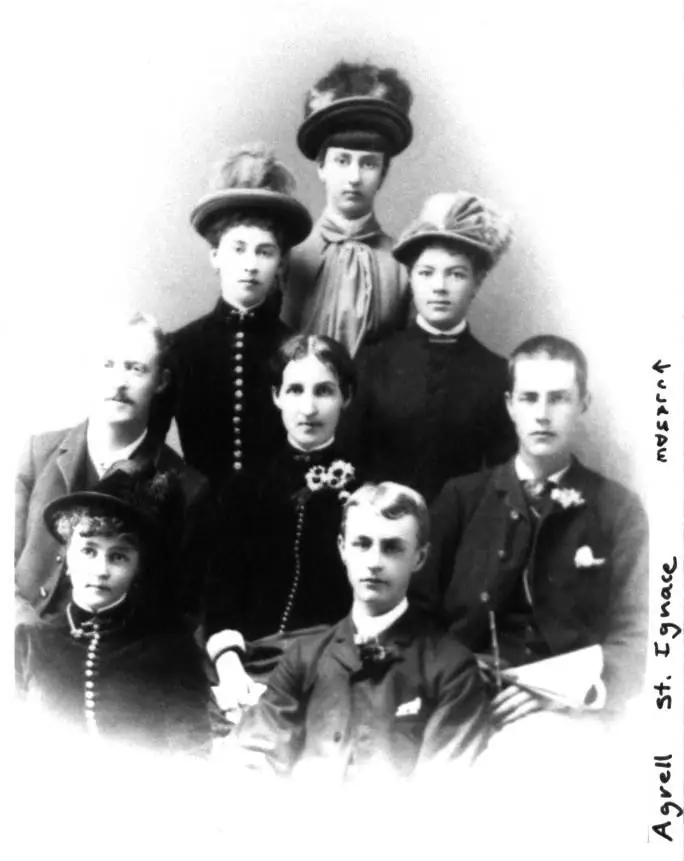 Black-and-white formal portrait of eight people arranged in three rows, with handwritten identification along the right edge.