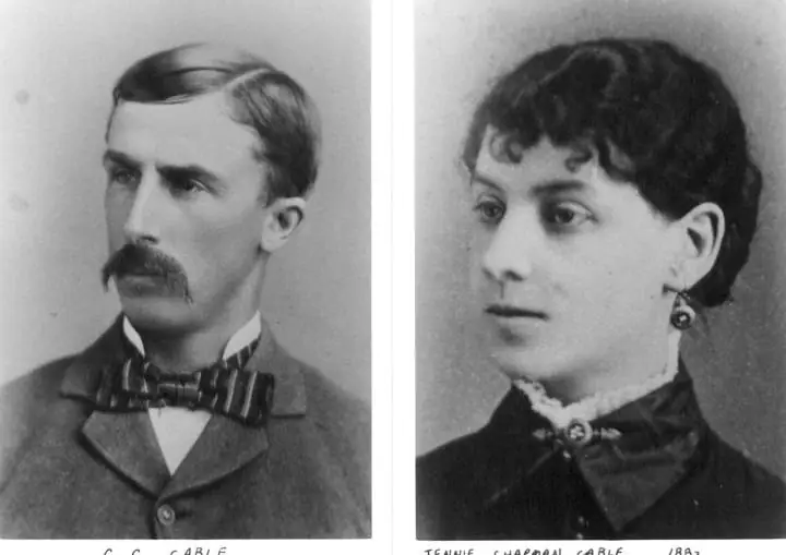 Two black-and-white formal portraits show a mustached man and a woman side by side.
