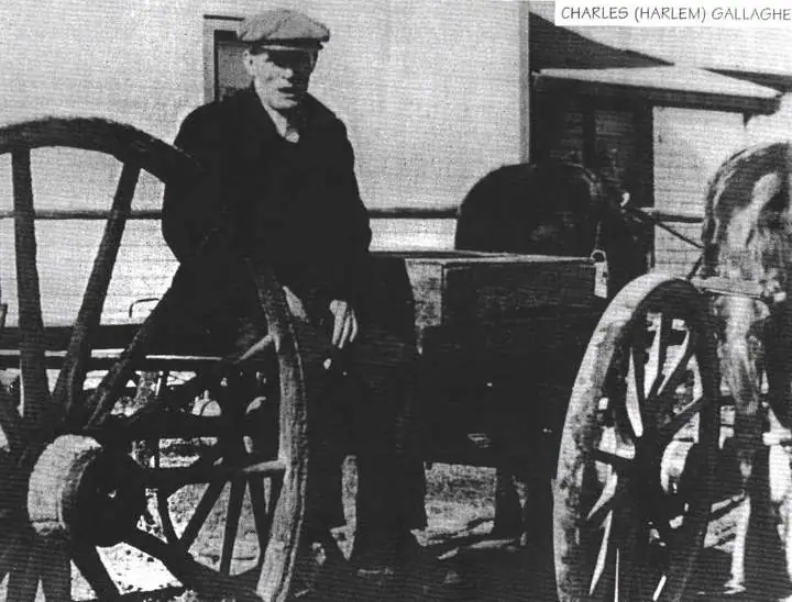 A man stands beside a horse-drawn wagon in front of a simple building.