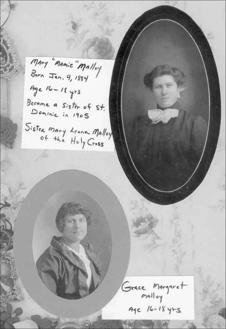 Two oval photographic portraits of young women displayed with handwritten identification cards.