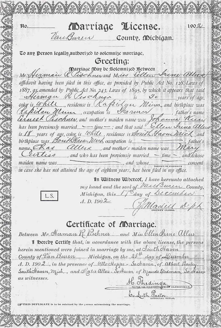 Decorated marriage license and certificate with printed and handwritten text.